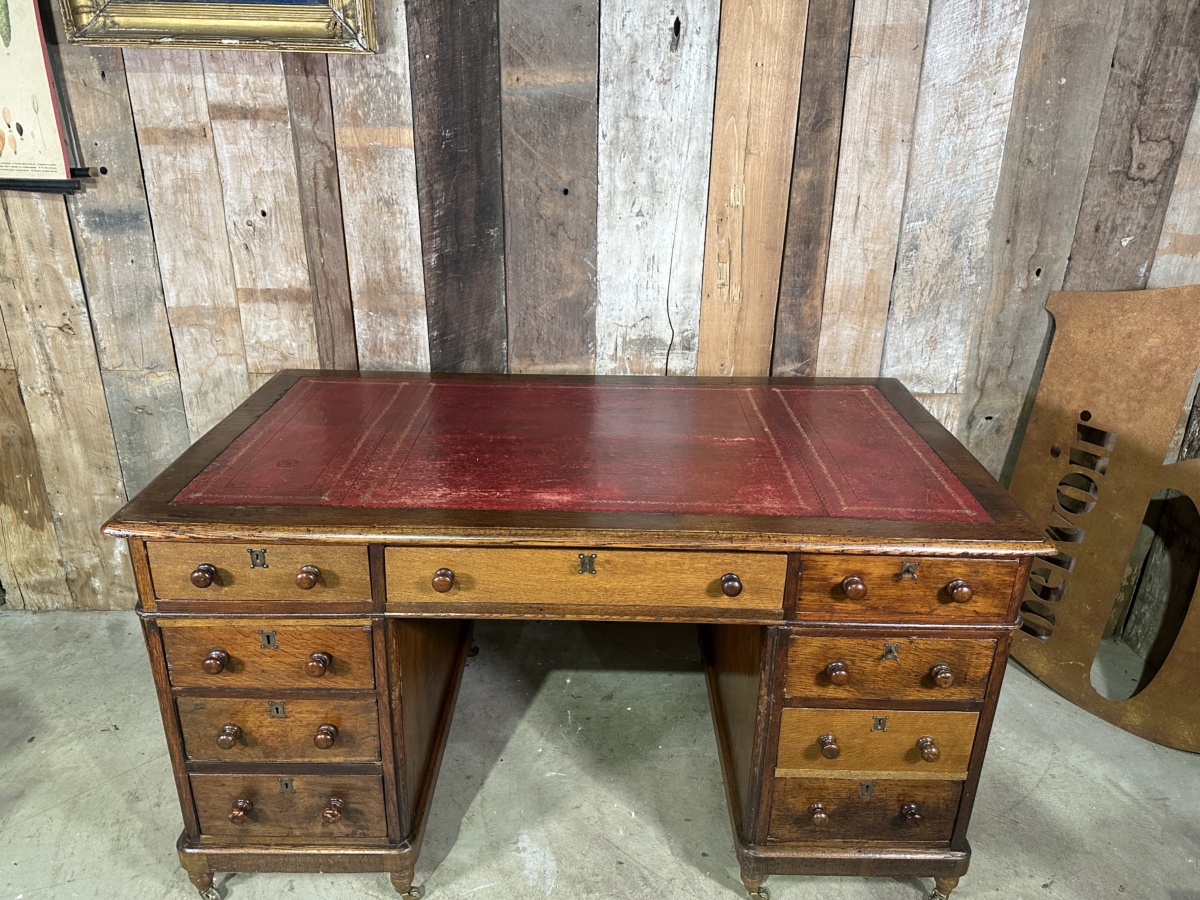 Edwardian Oak Red Leather Twin Pedestal Desk