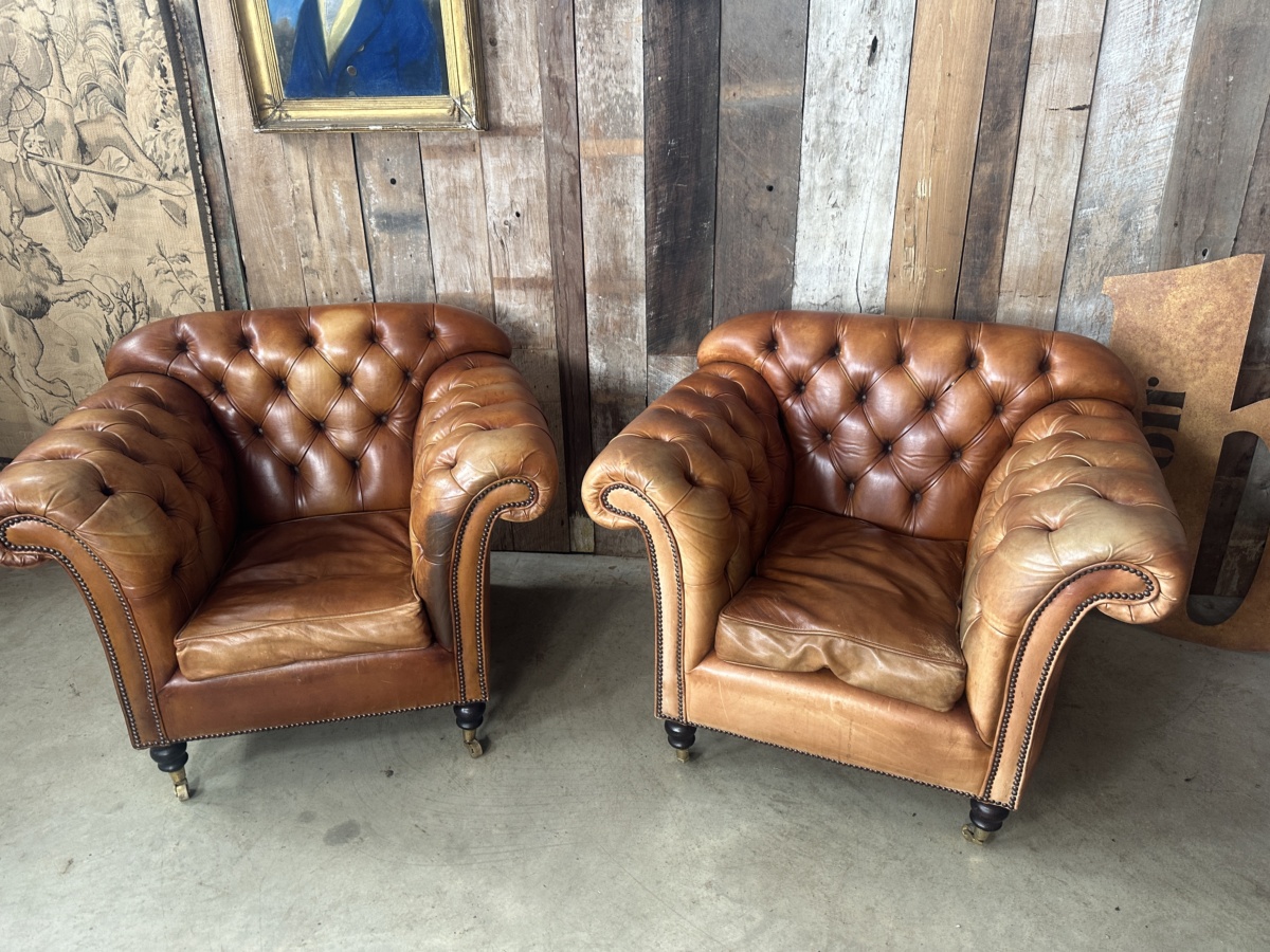 Pair Chestnut Tan Brown Leather Club Chesterfield Armchairs