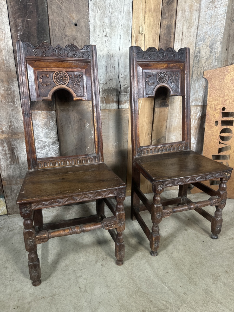 Antique Pair Charles II Period Oak Chairs, c1690