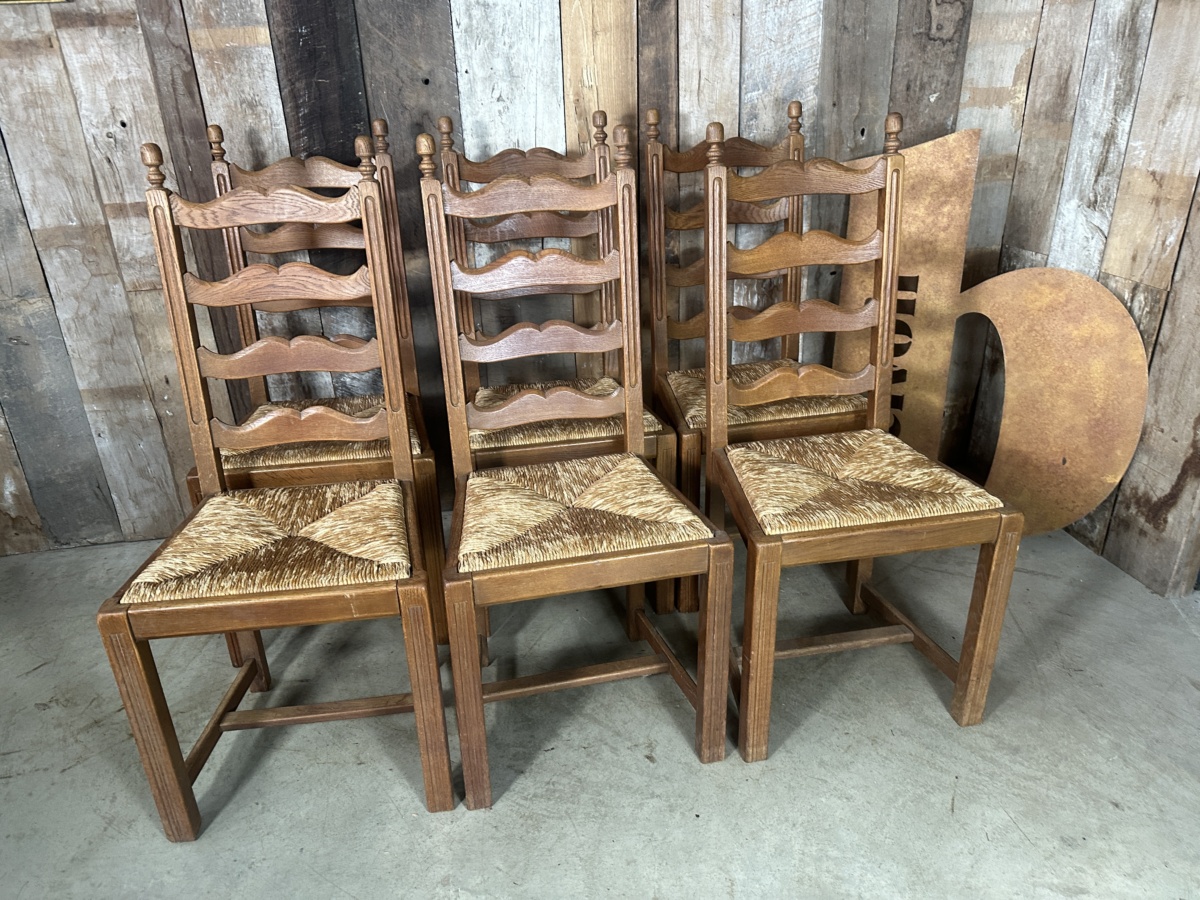 Six Ladderback Oak Rush Seated Arts and Crafts Belgian Dining Chairs