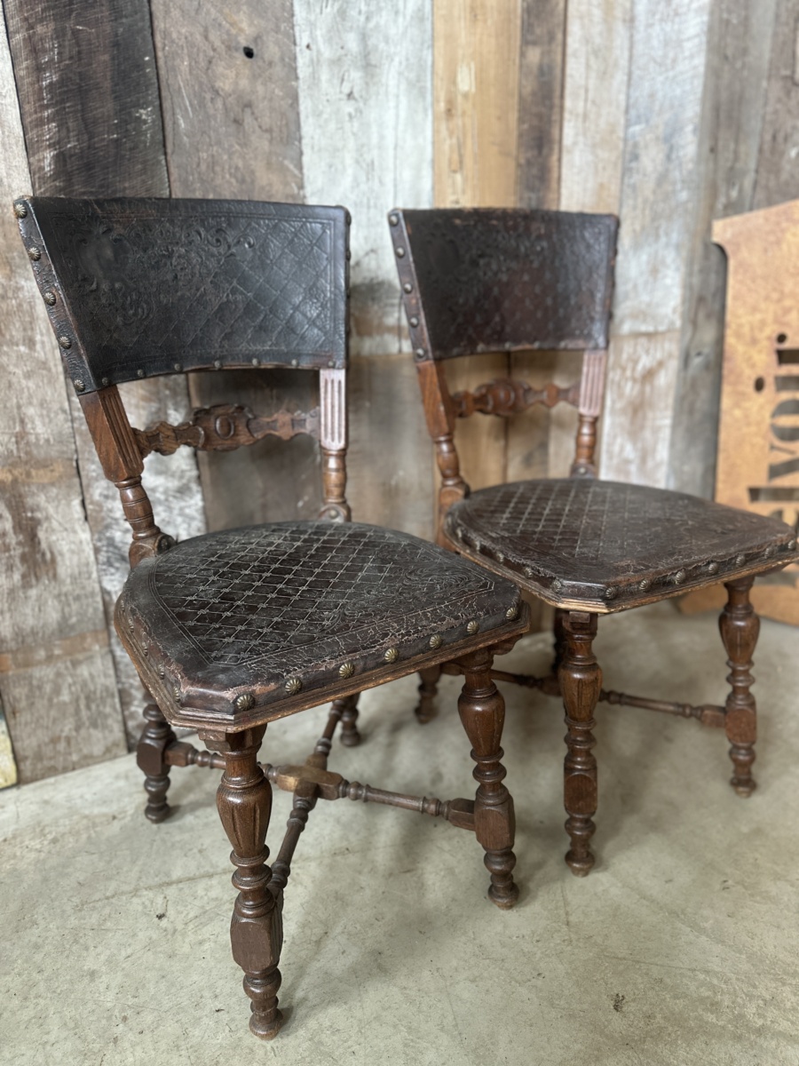 Pair Spanish Napoleonic Oak and Leather Hall Chairs