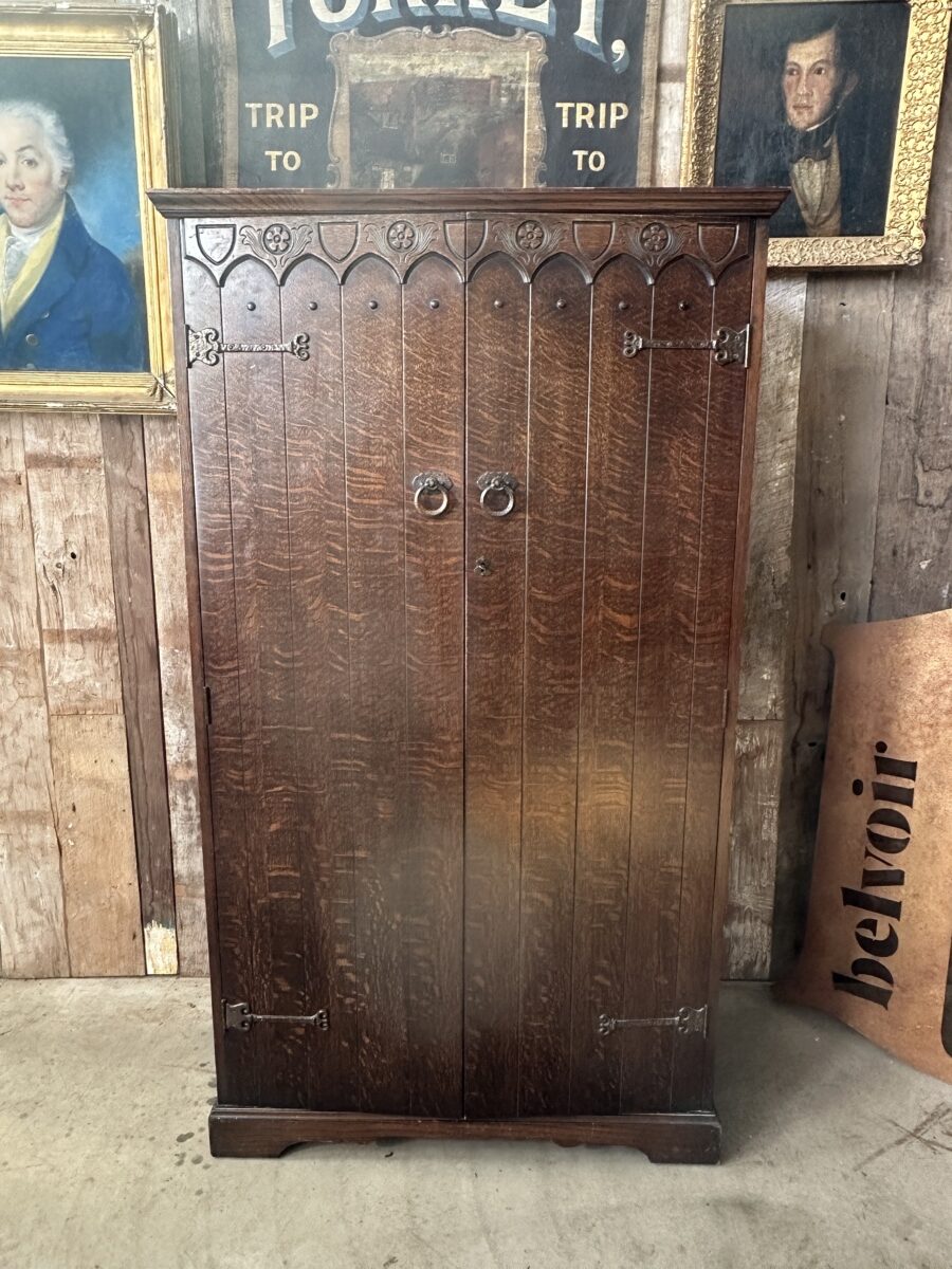 Vintage Oak Gothic Gentleman’s Wardrobe Armoire