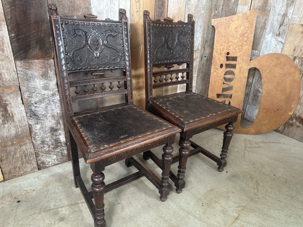 Pair Mid Victorian Oak and Leather Hall Chairs