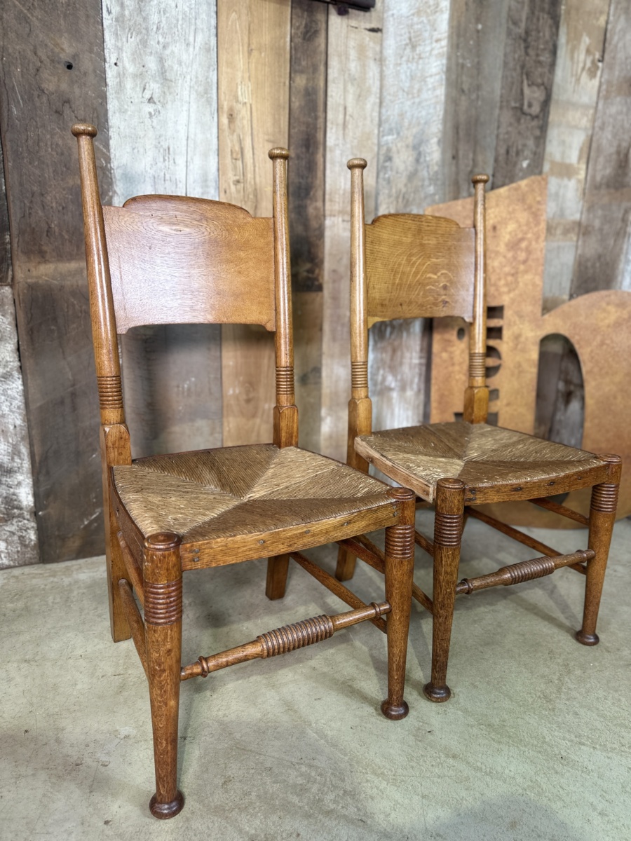 Pair Arts and Crafts Oak and Rush Seated Bedroom Salon Chairs