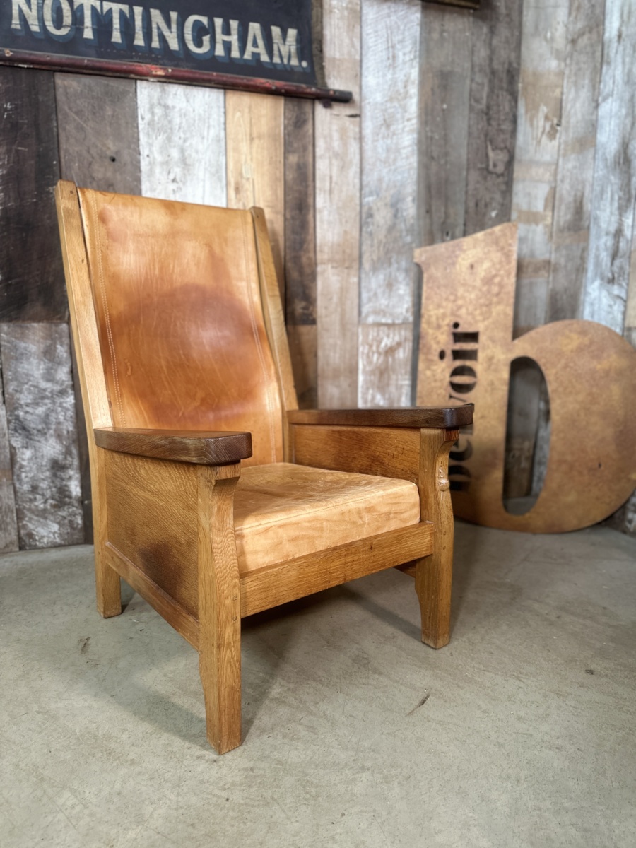 Vintage Oak Robert Thompson “Mouseman”  Leather Armchair