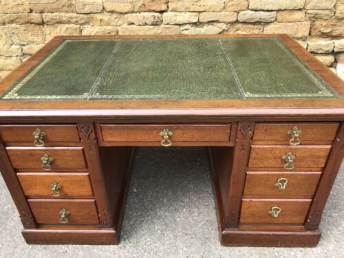 Arts & Crafts Antique Oak Pedestal Partners Desk, Gilt Leather Top, circa 1870