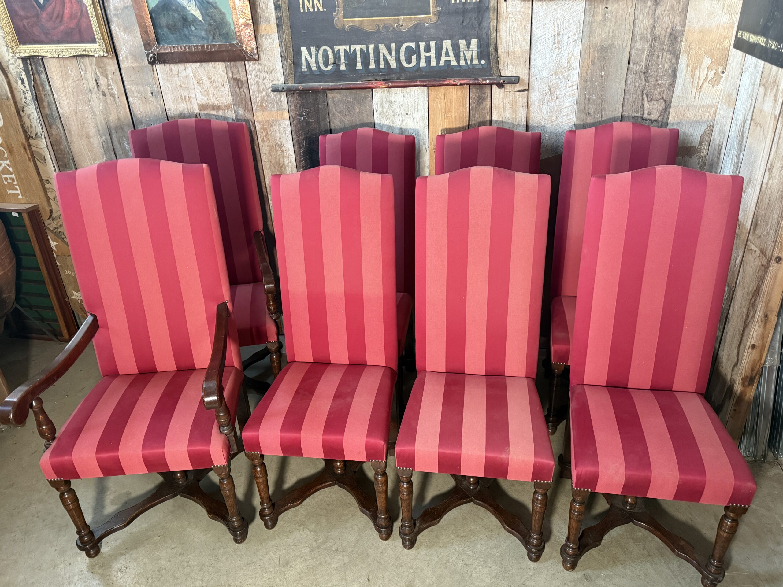 Eight Carolean Revival Oak Upholstered Edwardian Dining Chairs
