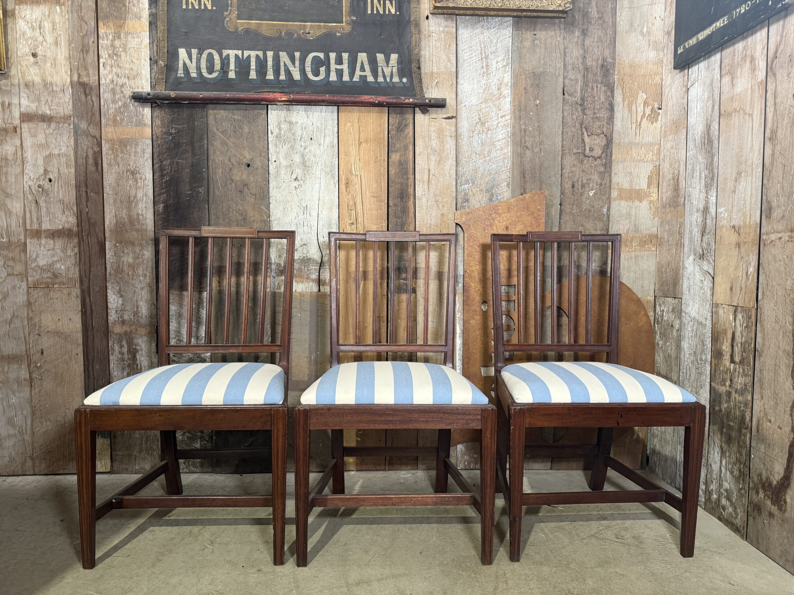 Antique Set Three Georgian Mahogany Regency Period Dining Hall Chairs Upholstered Blue Stripe