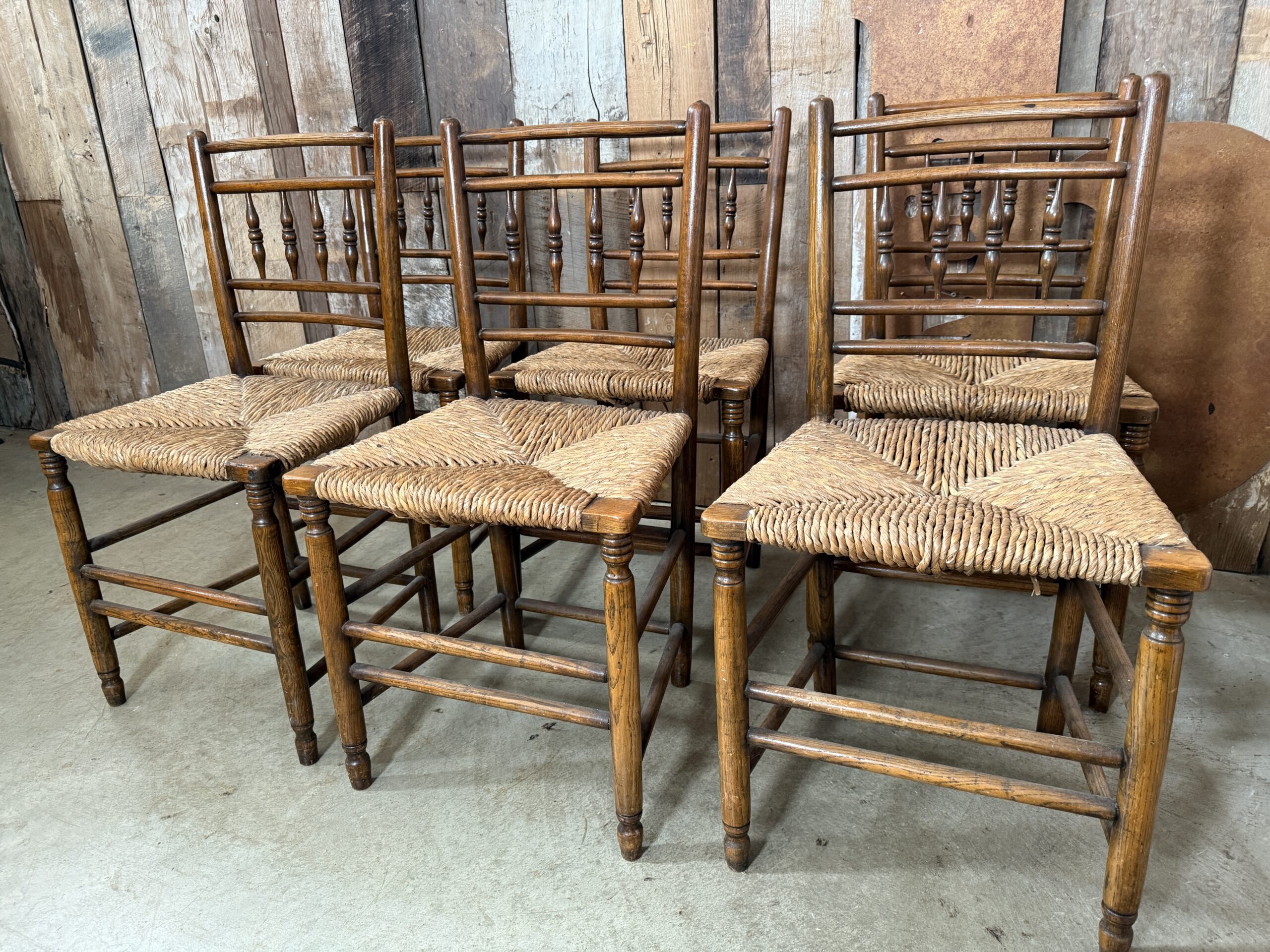 Antique Set Six Georgian Country Elm and Rush Seated Kitchen Farmhouse Stickback Dining Chairs