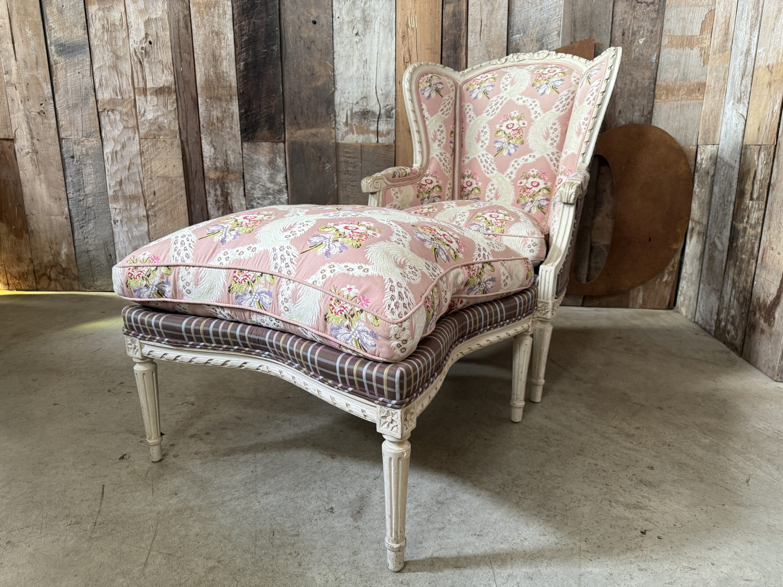 Vintage French White Painted Louis XVI Revival Armchair and Footstool