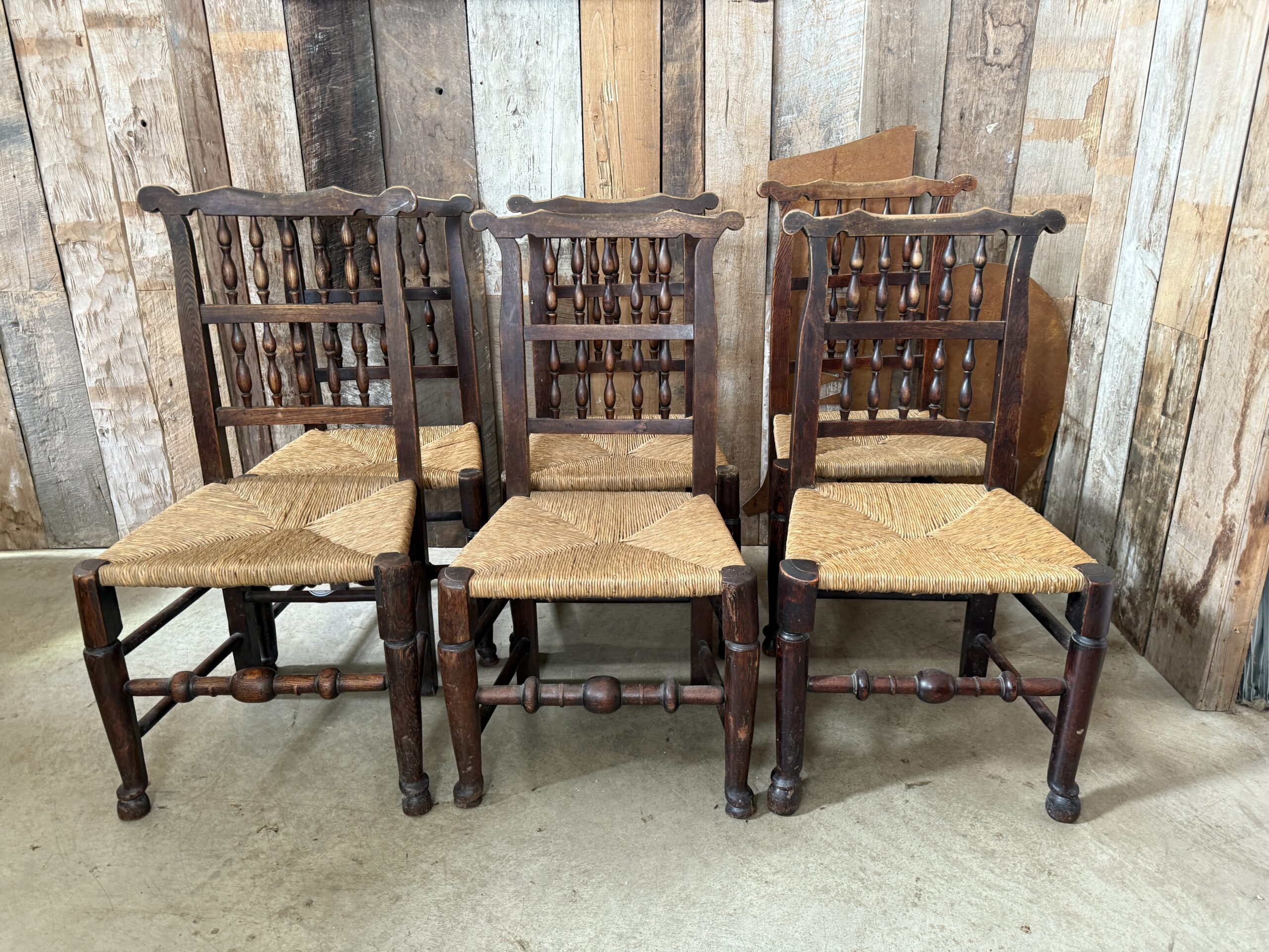 Antique Set Six Elm Rush Seated Georgian Stick Back Dining Chairs