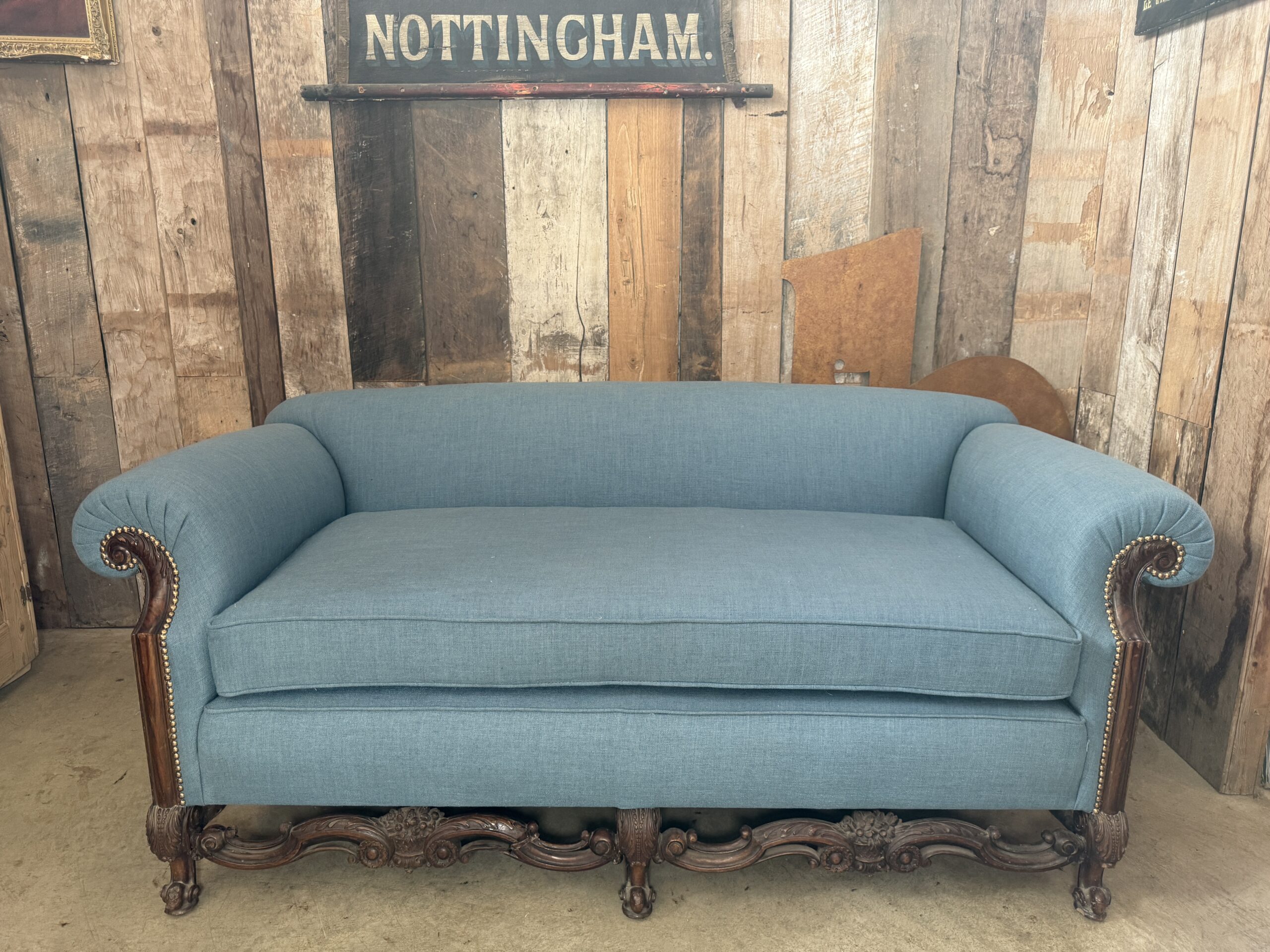 Antique Large Two Seater Upholstered Blue Mahogany Framed Victorian Sofa Chair