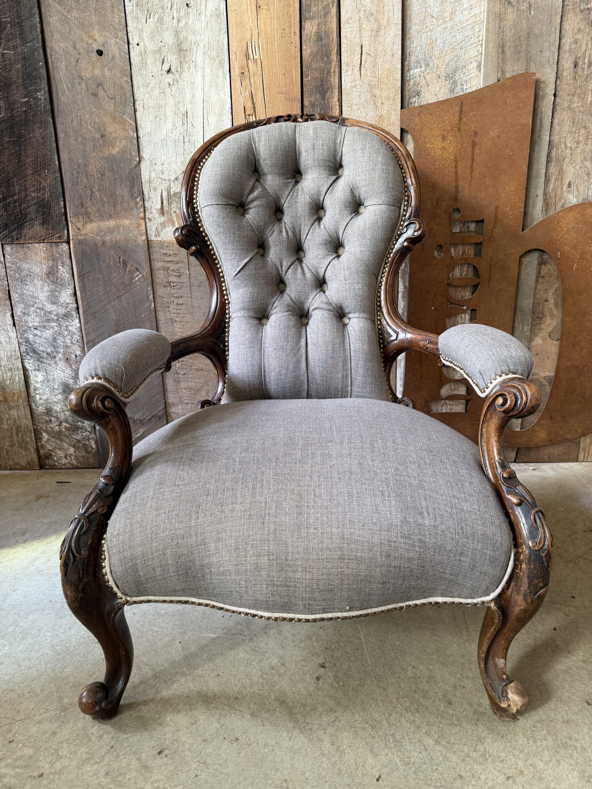 Antique Early Victorian Chesterfield Button Back Upholstered Armchair Salon Boudoir Chair