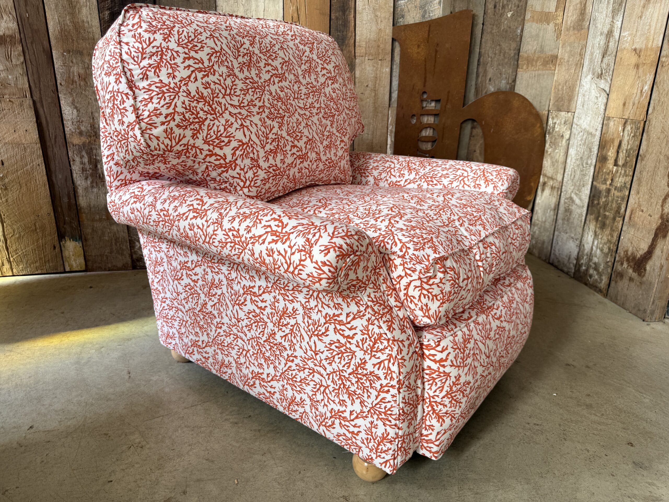 Vintage Large Deep Seated Upholstered Coral Red Pink Country Armchair