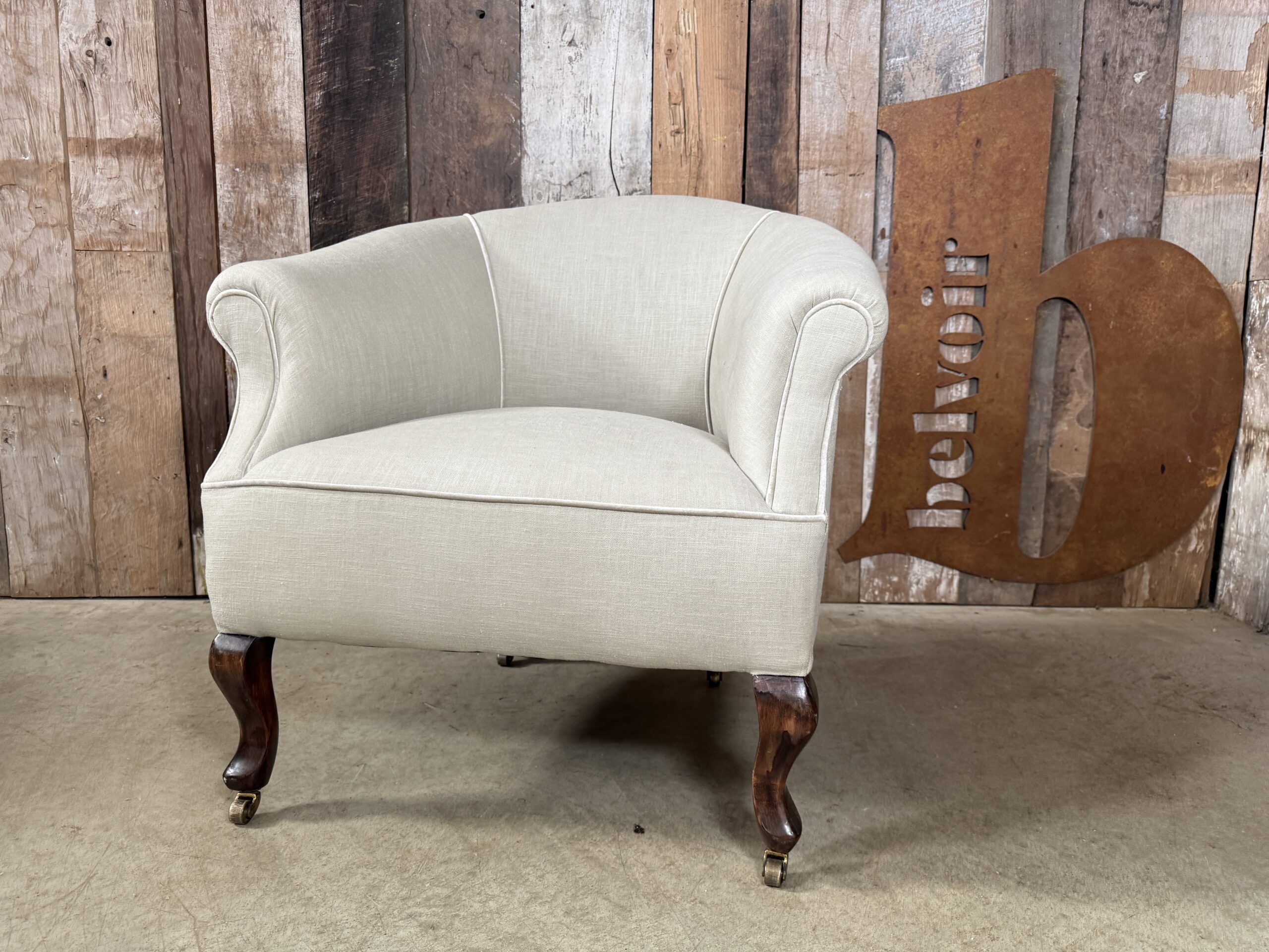 Antique Edwardian Tub Club Upholstered Armchair Linen Grey