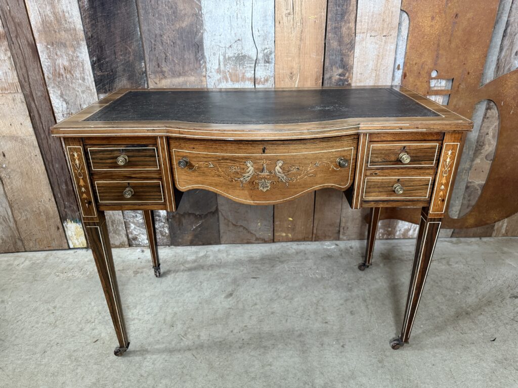 Antique Rosewood Regency Period Hobbs and Co Serpentine Ladies Writing Black Leather Desk Table