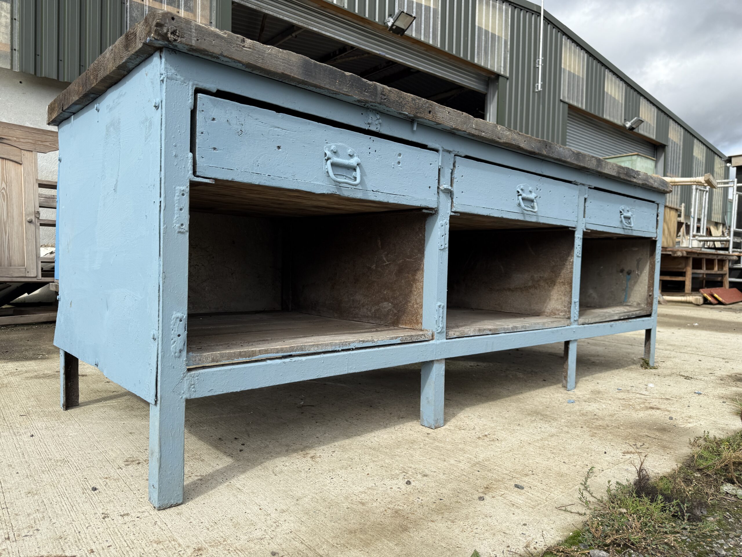 Vintage Large Blue Grey Workbench Kitchen Island Freestanding Base Unit