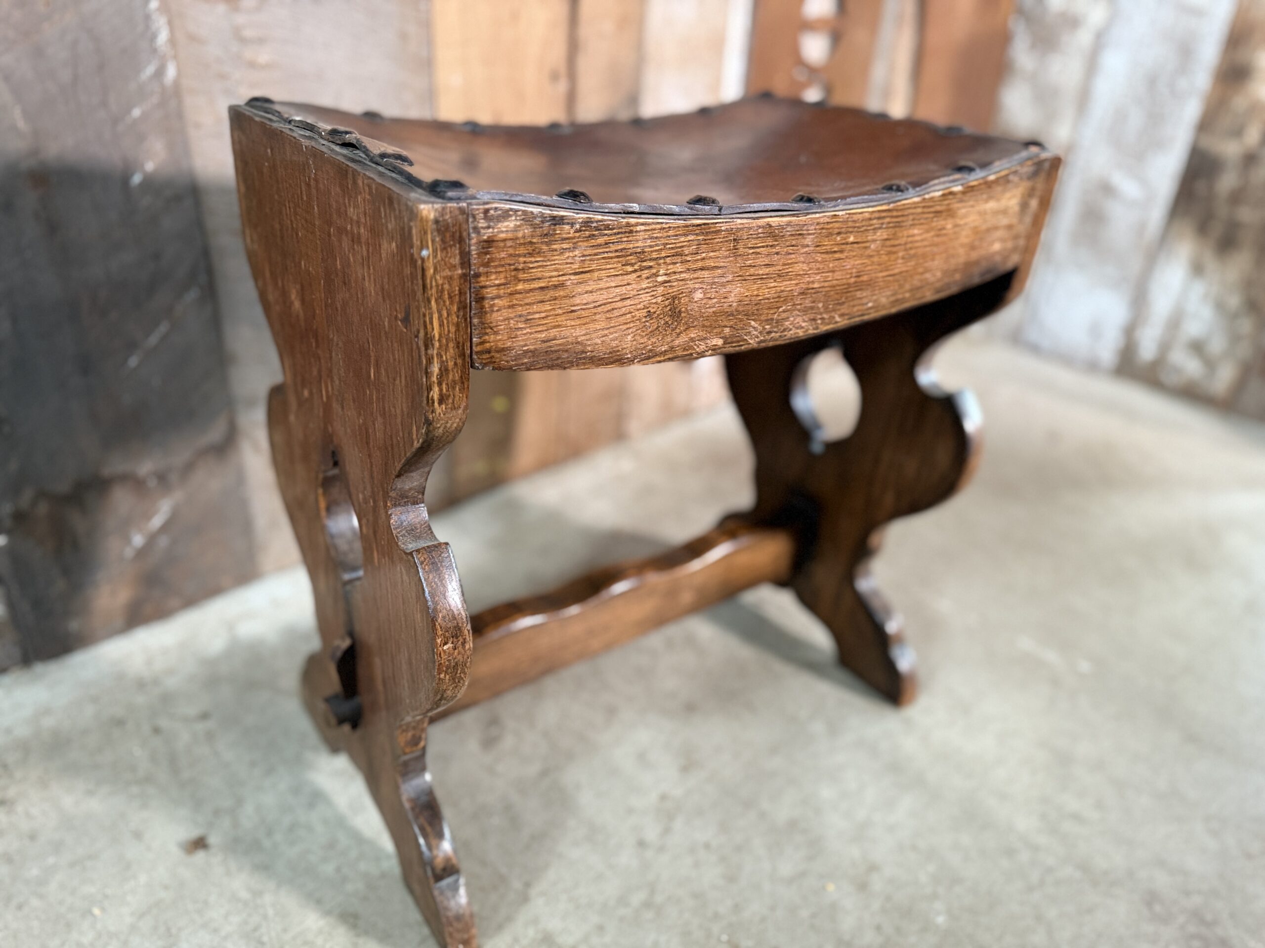 Antique Arts and Crafts Late Victorian Oak and Brown Leather Studded Stool