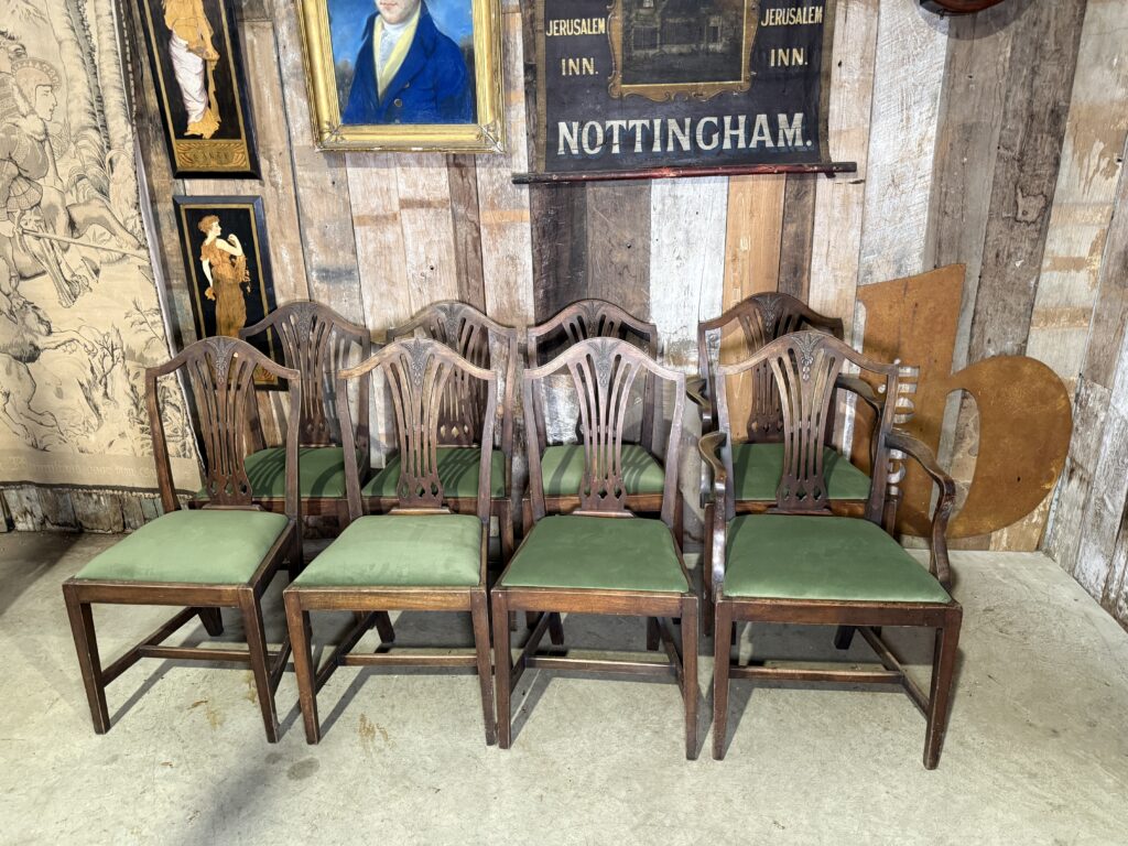 Antique Set of Eight Mahogany Hepplewhite Revival Edwardian Dining Chairs with Green Upholstery