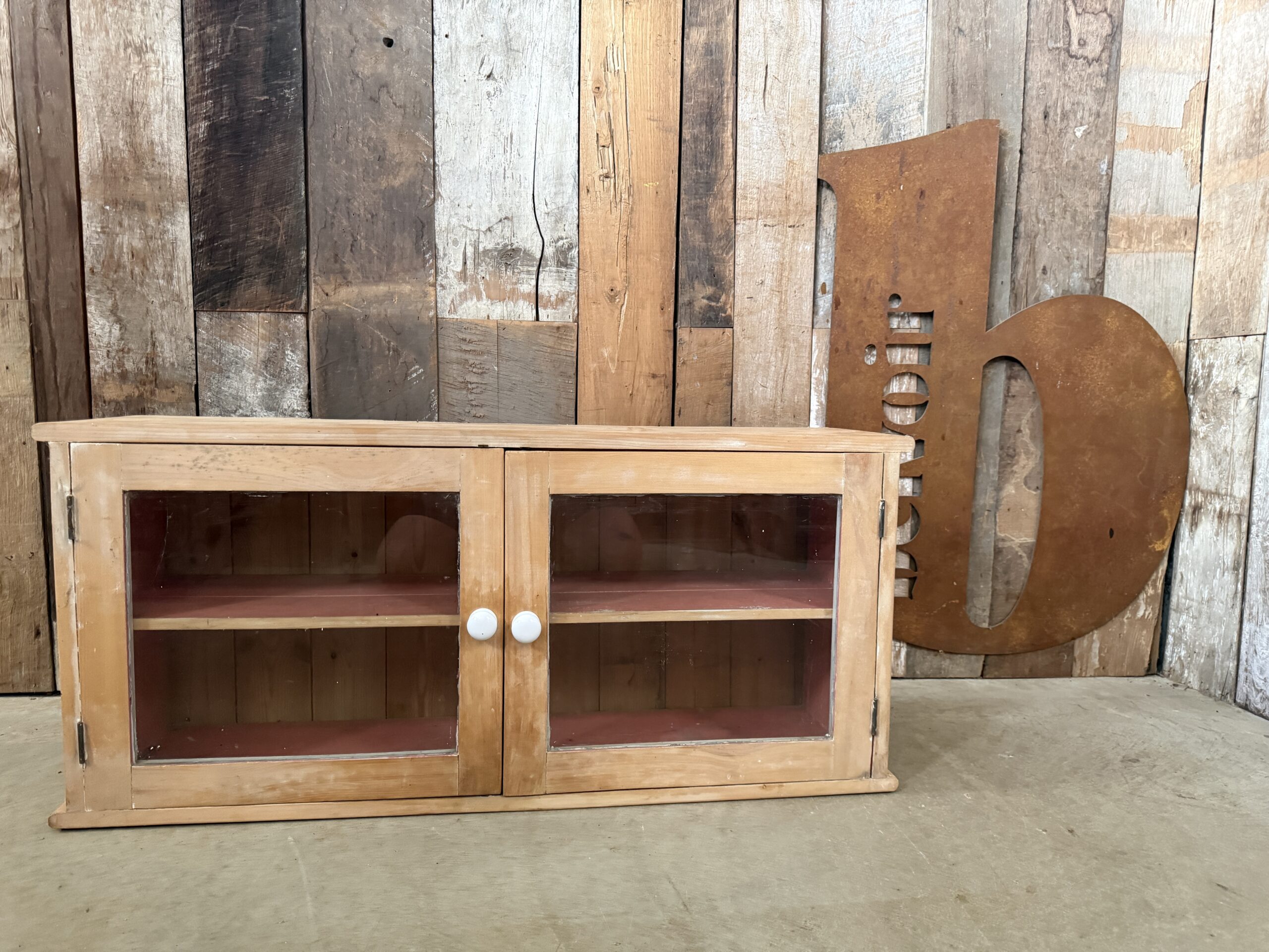 Antique Victorian pine glazed two door hanging pantry kitchen cupboard dating to circa 1870.