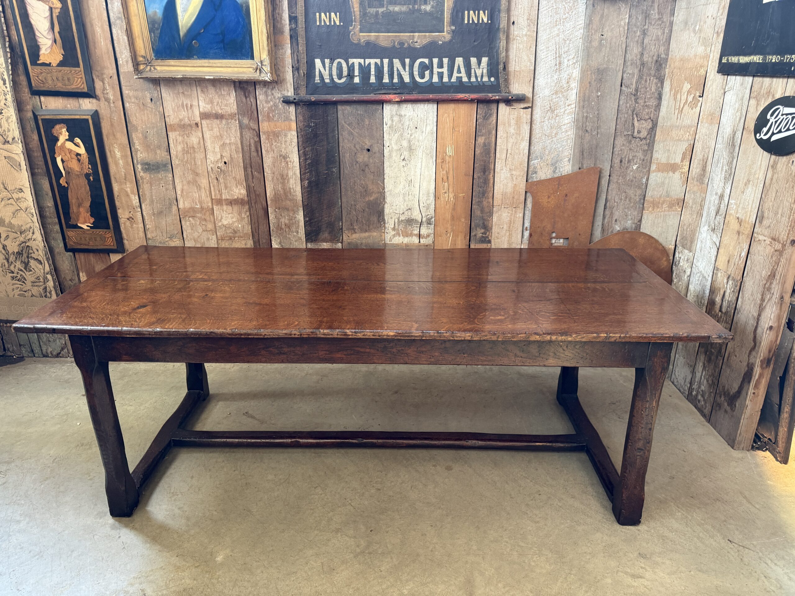 Vintage oak Georgian Revival refectory dining table with stretcher base, Belvoir Antiques stock 2253