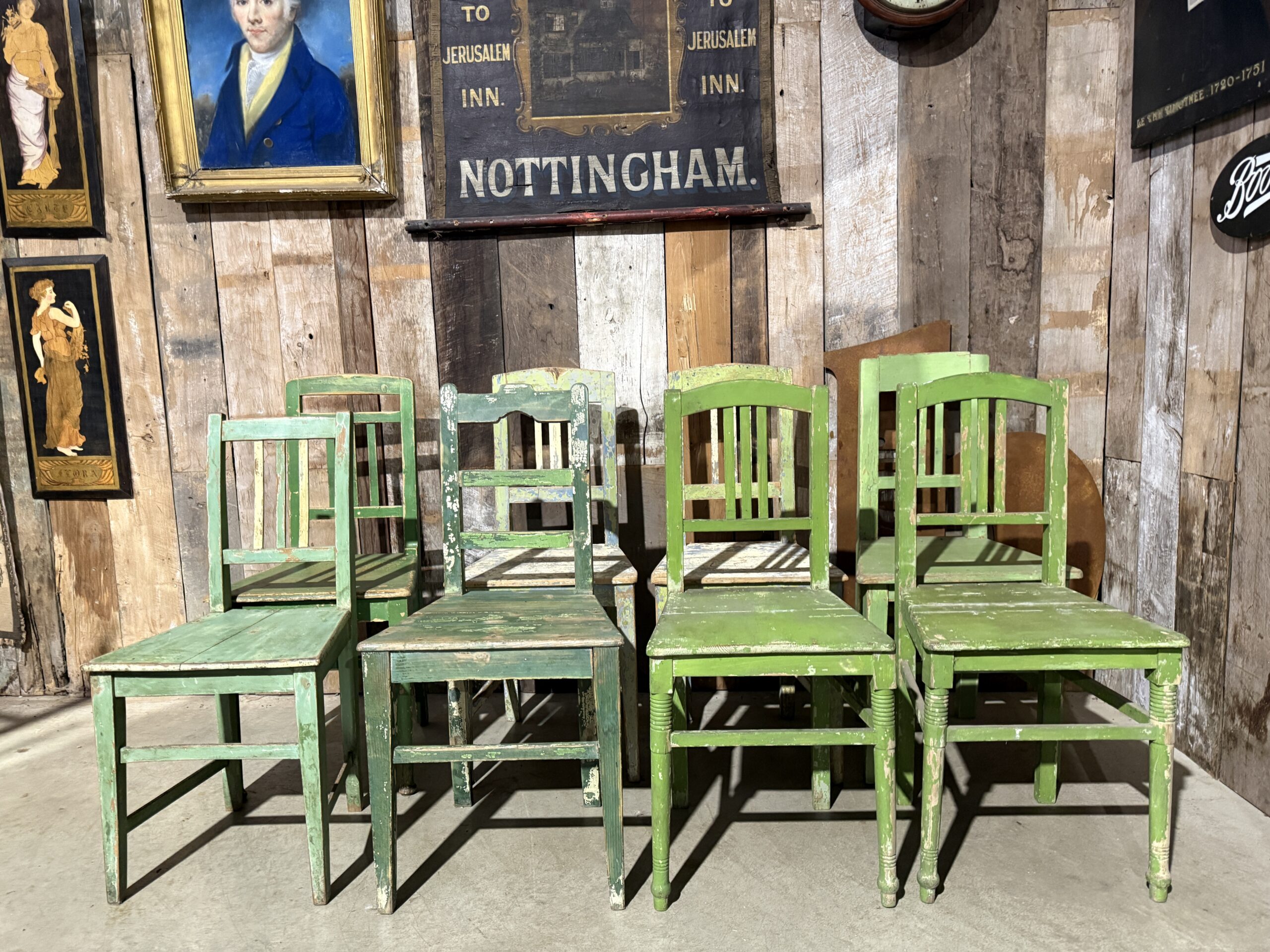 Antique Harlequin Set of Eight Late Victorian Green Painted Pine Kitchen Dining Chairs