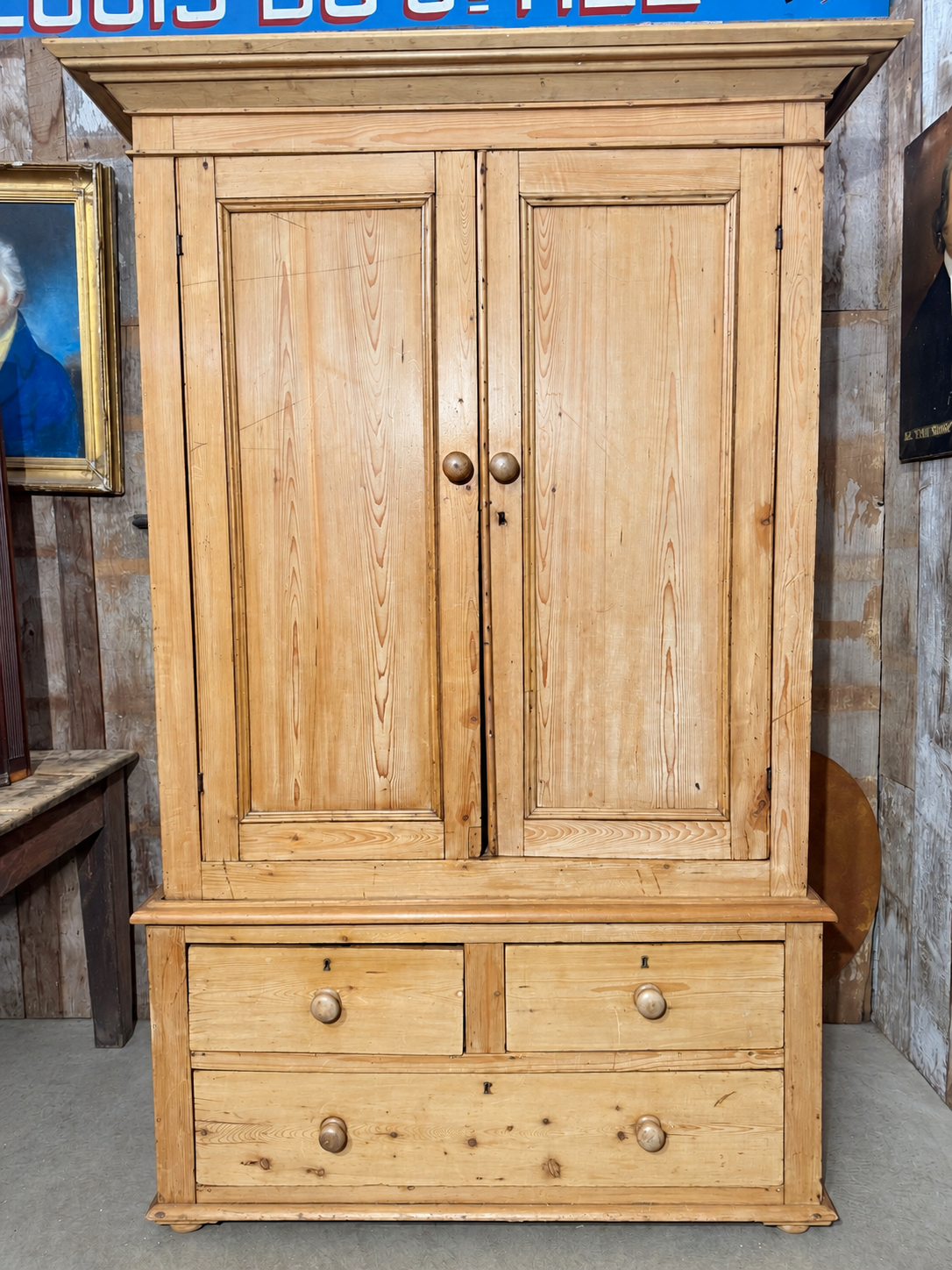 Antique Early Victorian pine housekeeper’s linen press wardrobe cupboard with drawers, c.1830, Belvoir Antiques ref 2268.