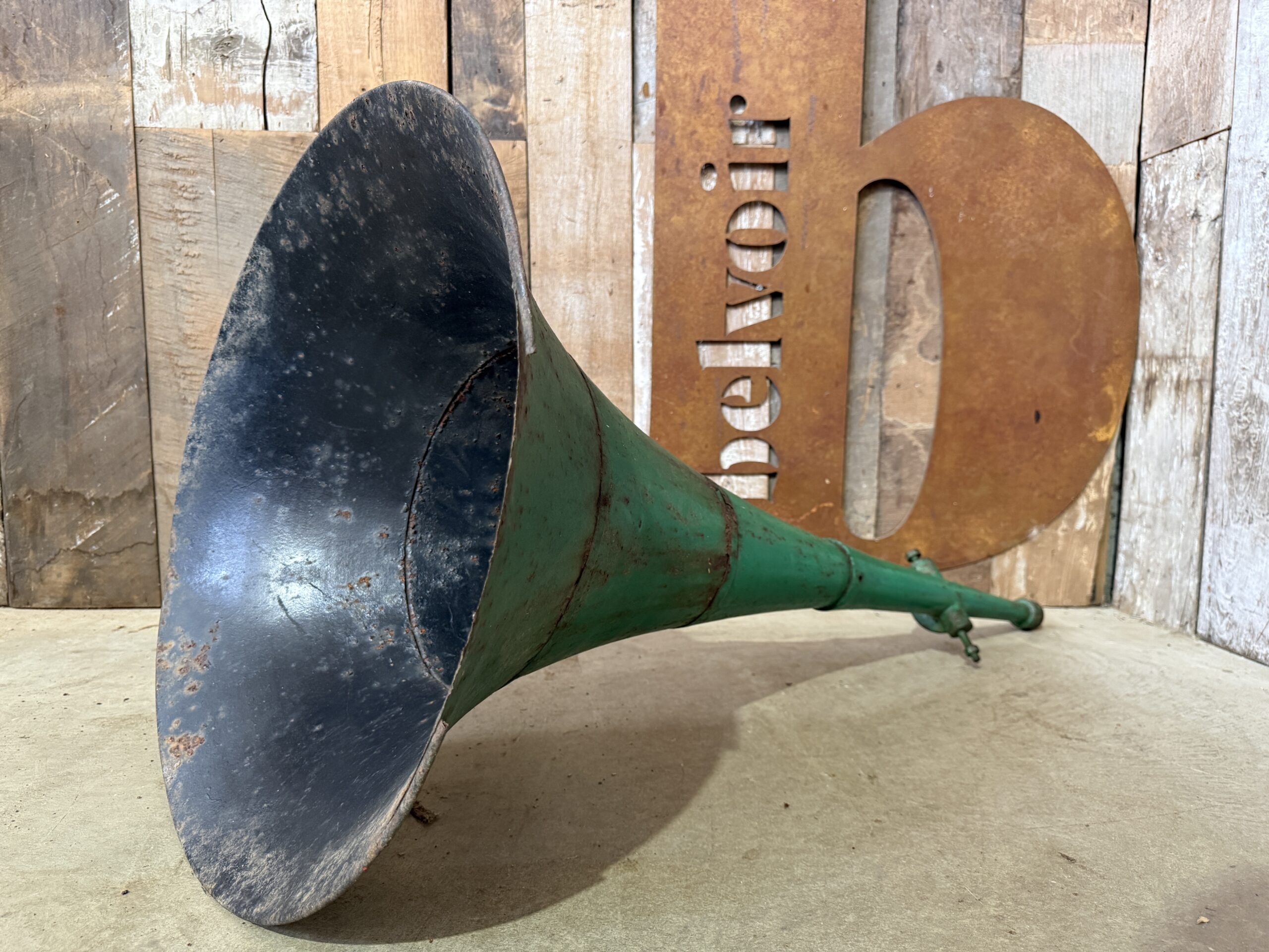 Large vintage green painted metal acoustic loudspeaker horn circa 1930 with original distressed industrial patina, Belvoir Antiques stock 2265.