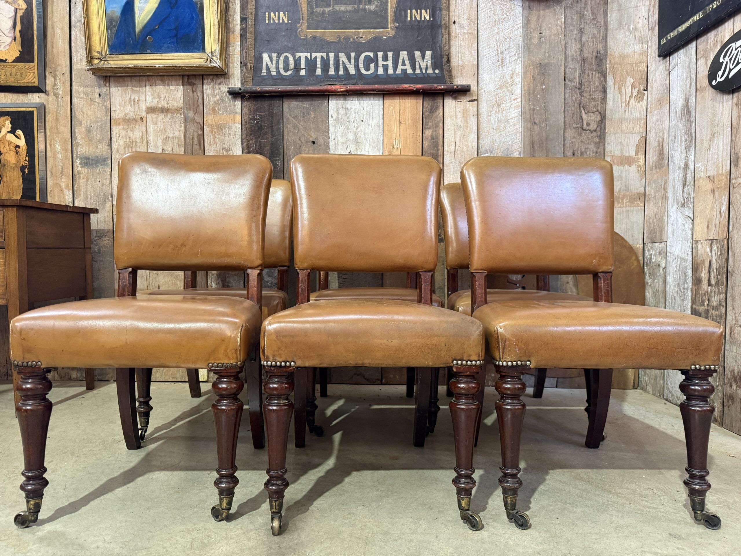 Antique Set of Six Gillows Victorian Mahogany Tan Leather Dining Chairs, c.1840
