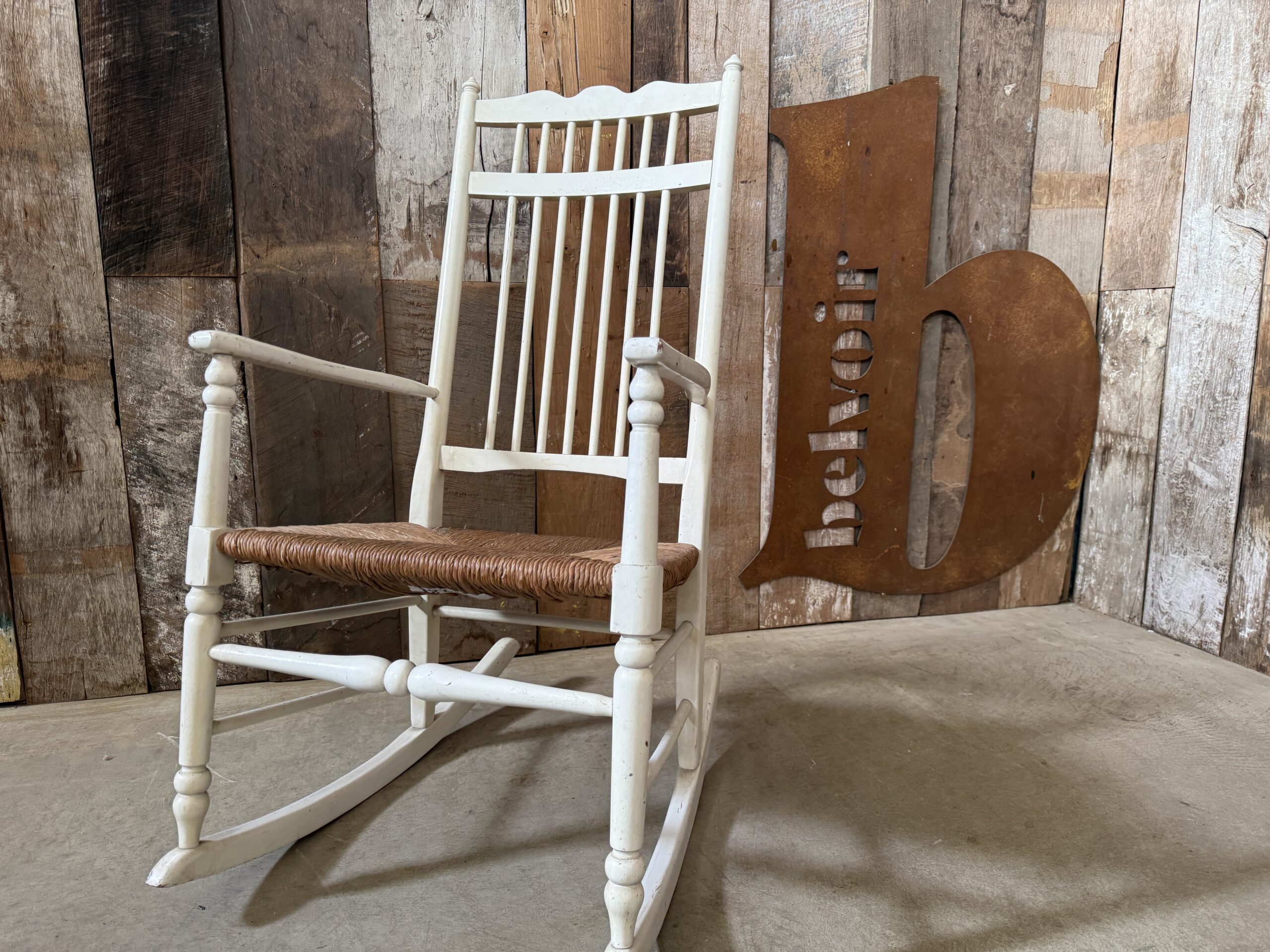 Antique Arts & Crafts White Painted Rush Seated High Back Armchair, c1900