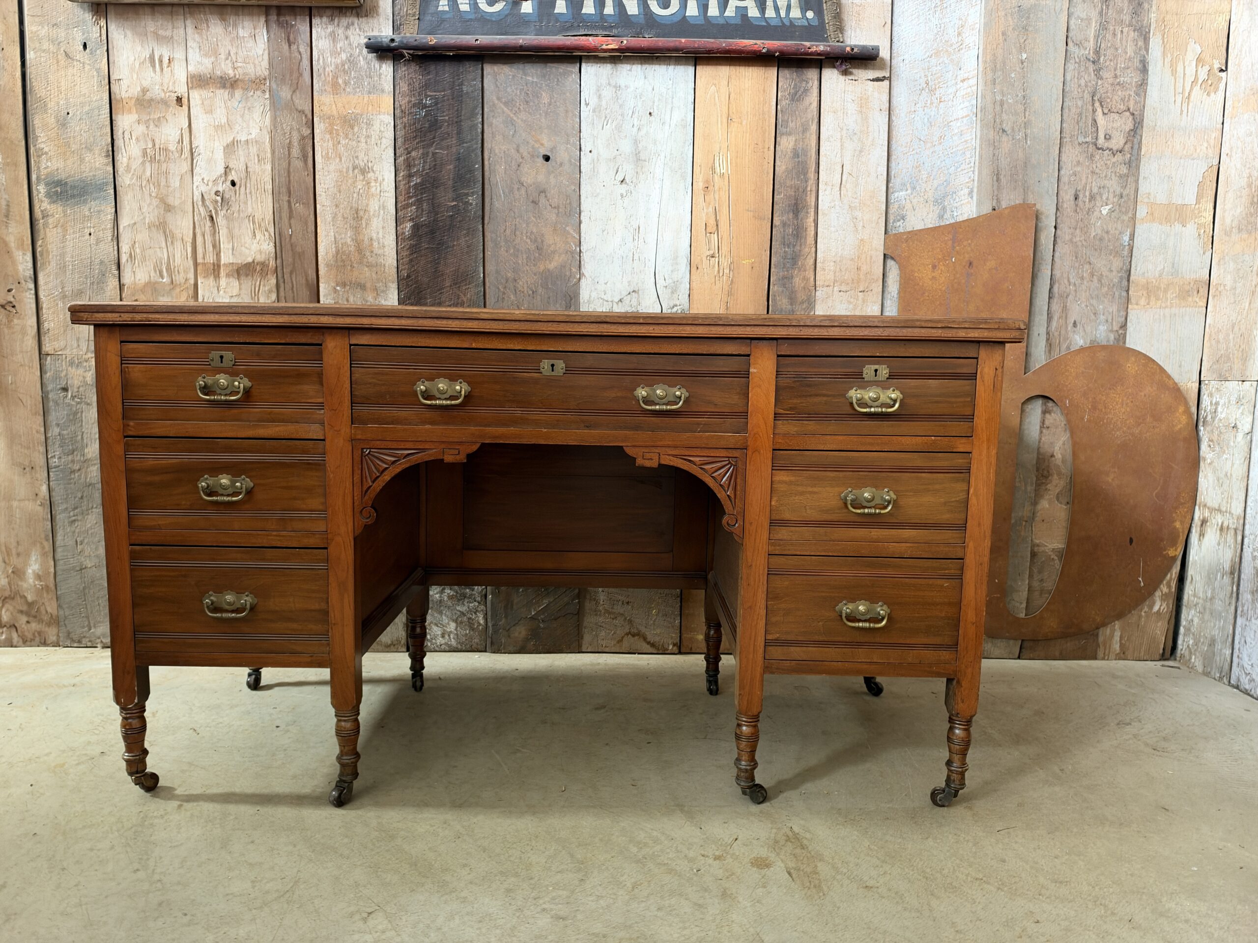 Maple & Co maker's stamp inside antique walnut pedestal desk circa 1900