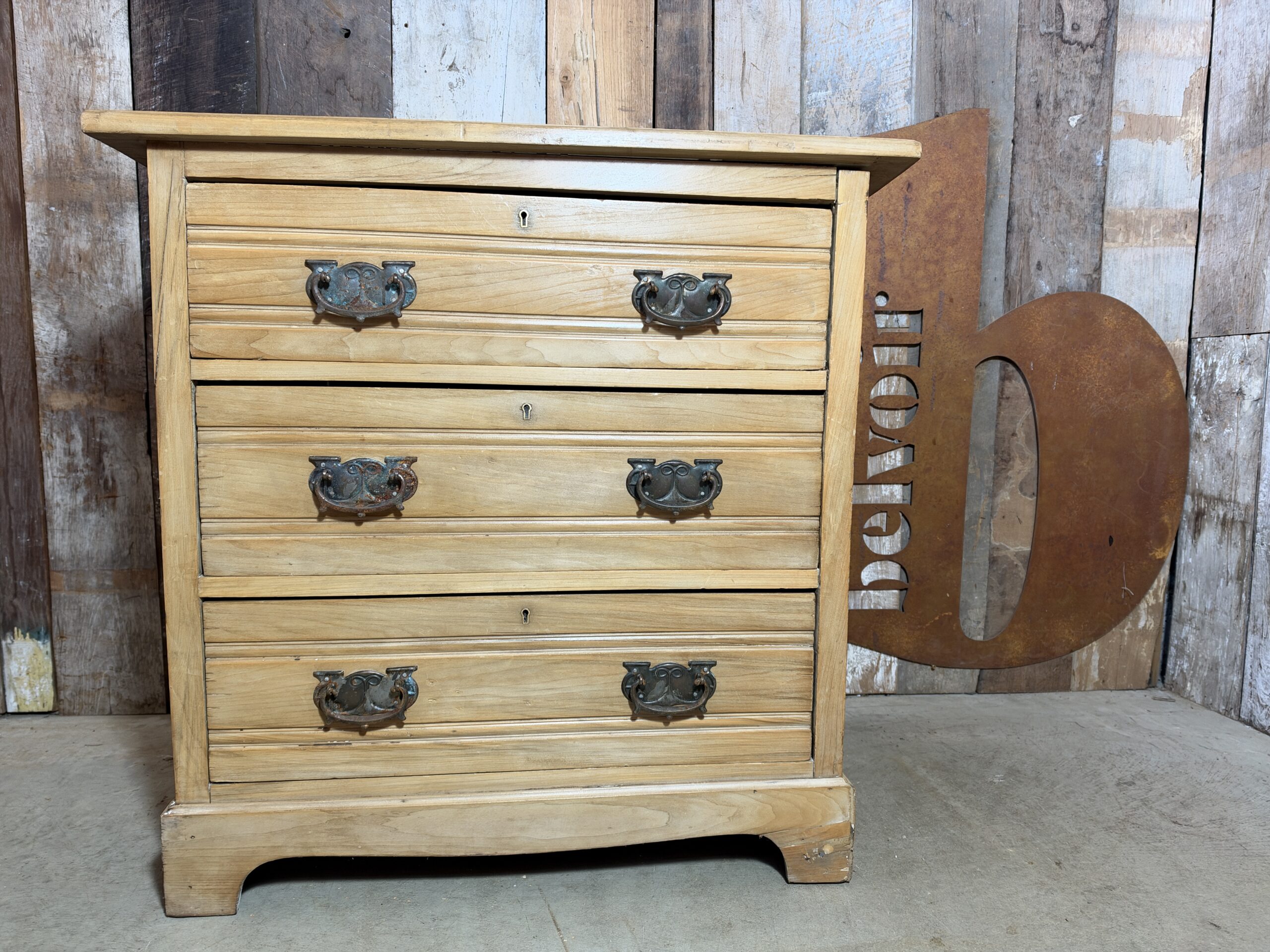 Antique Edwardian satin pine chest of three drawers circa 1920 front view
